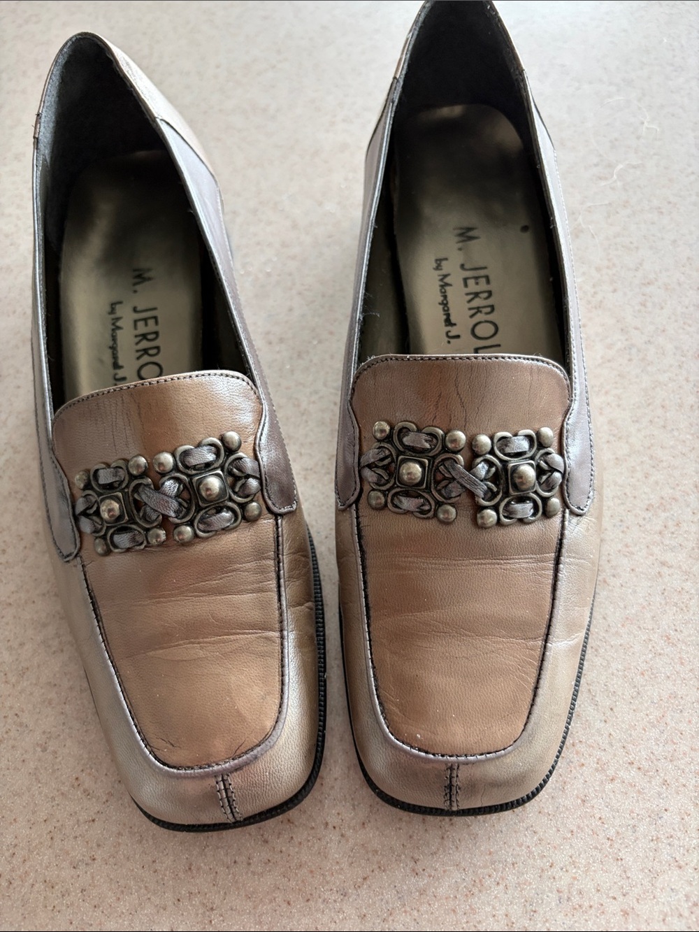 M. Jerrold Metallic Taupe Leather Loafers with Embellishment